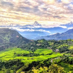 Vibrant green terraced fields and rolling hills with the majestic Annapurna mountain range under a cloudy sky, as seen from Begnaskot, Nepal.