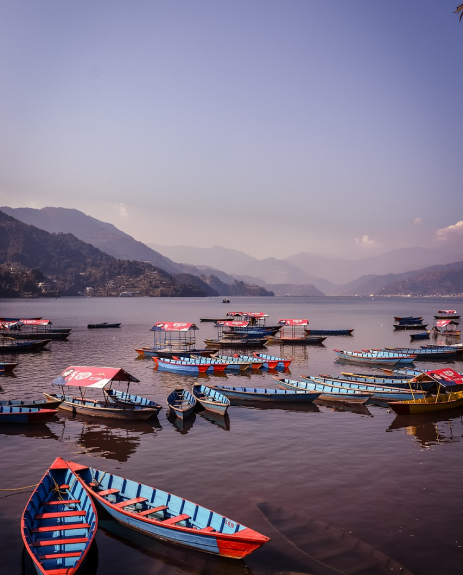 Scenic view of colorful boats on Phewa Lake in Pokhara, Nepal, with mountains in the background, adjacent to a contact form for Maruti Holidays.